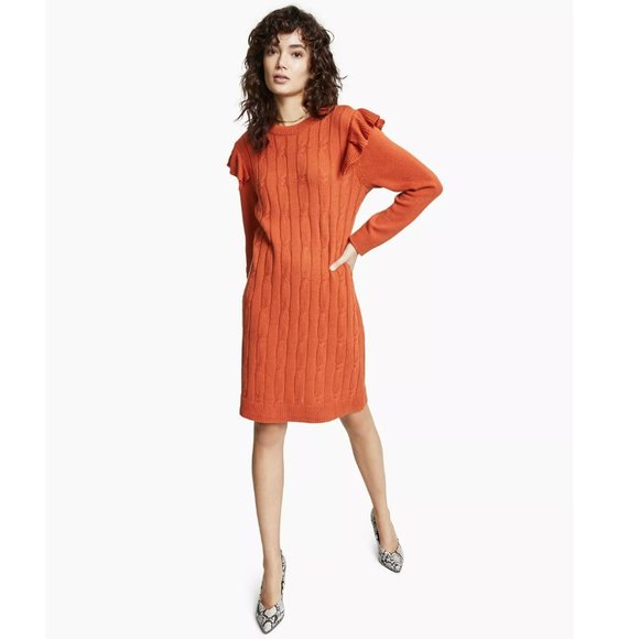Bar Iii Dresses Womens Brown Ruffled Cable-knit Front Long Sleeve Crew Neck #20 - Picture 1 of 7